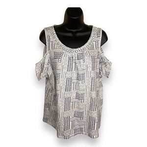 LARGE HANNAH BLUE WHITE BLOUSE TOP COLD SHOULDER BOHO BOHEMIAN